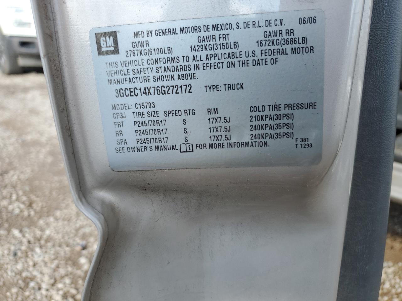 2006 Chevrolet Silverado C1500 VIN: 3GCEC14X76G272172 Lot: 89806825