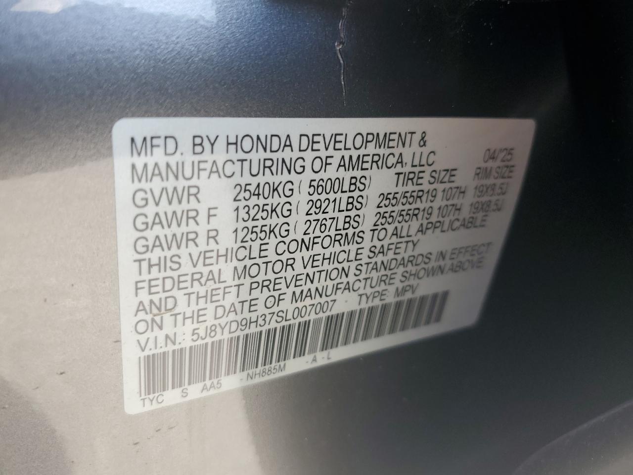 2025 Acura Mdx VIN: 5J8YD9H37SL007007 Lot: 85001475