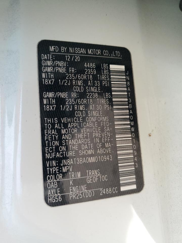 2021 Nissan Rogue Sv VIN: JN8AT3BA0MW010943 Lot: 85844585