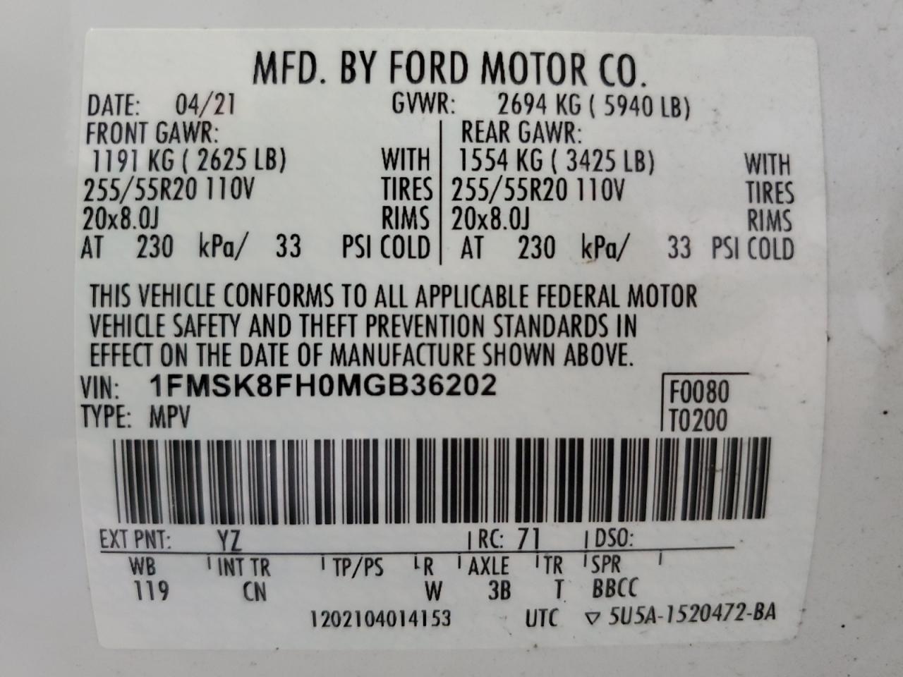 2021 Ford Explorer Limited VIN: 1FMSK8FH0MGB36202 Lot: 85154415