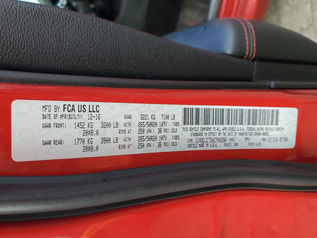 2017 Dodge Durango R/T VIN: 1C4SDJCT5HC703550 Lot: 82257375