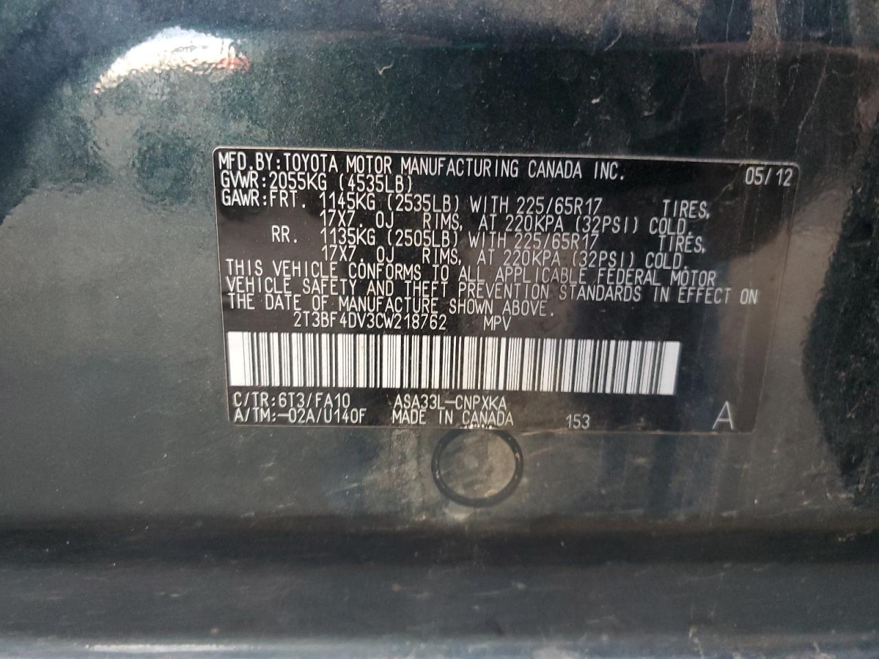 2012 Toyota Rav4 VIN: 2T3BF4DV3CW218762 Lot: 85935375