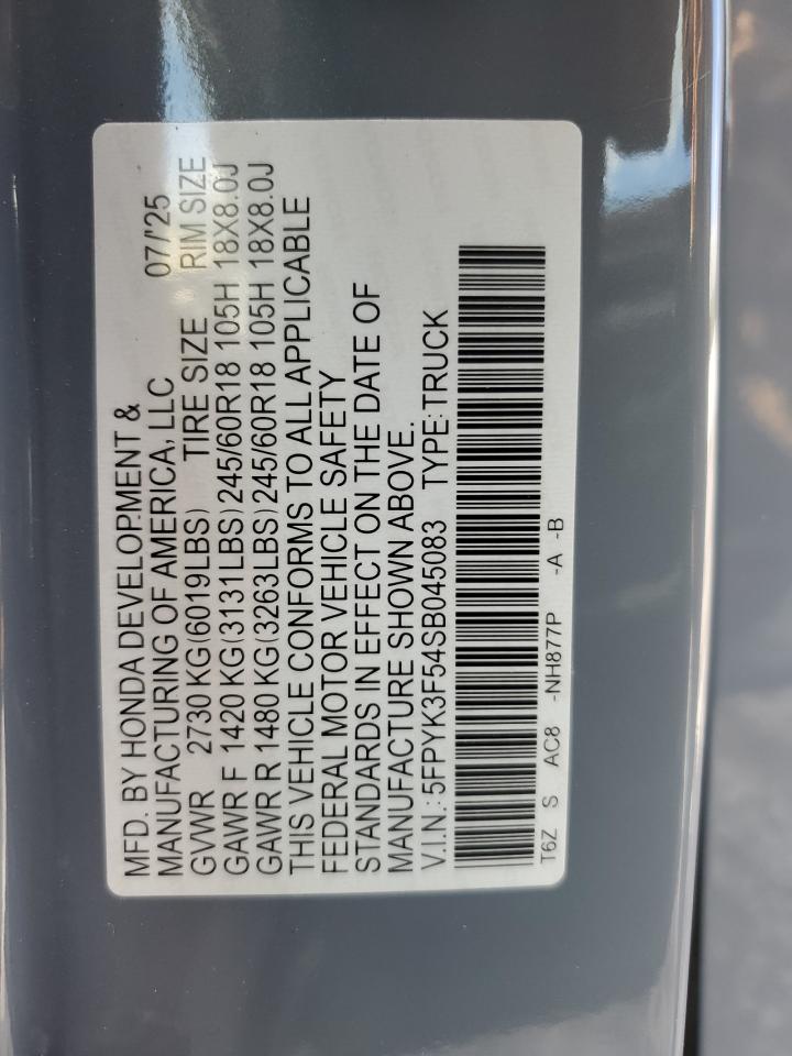 2025 Honda Ridgeline Rtl VIN: 5FPYK3F54SB045083 Lot: 85927865