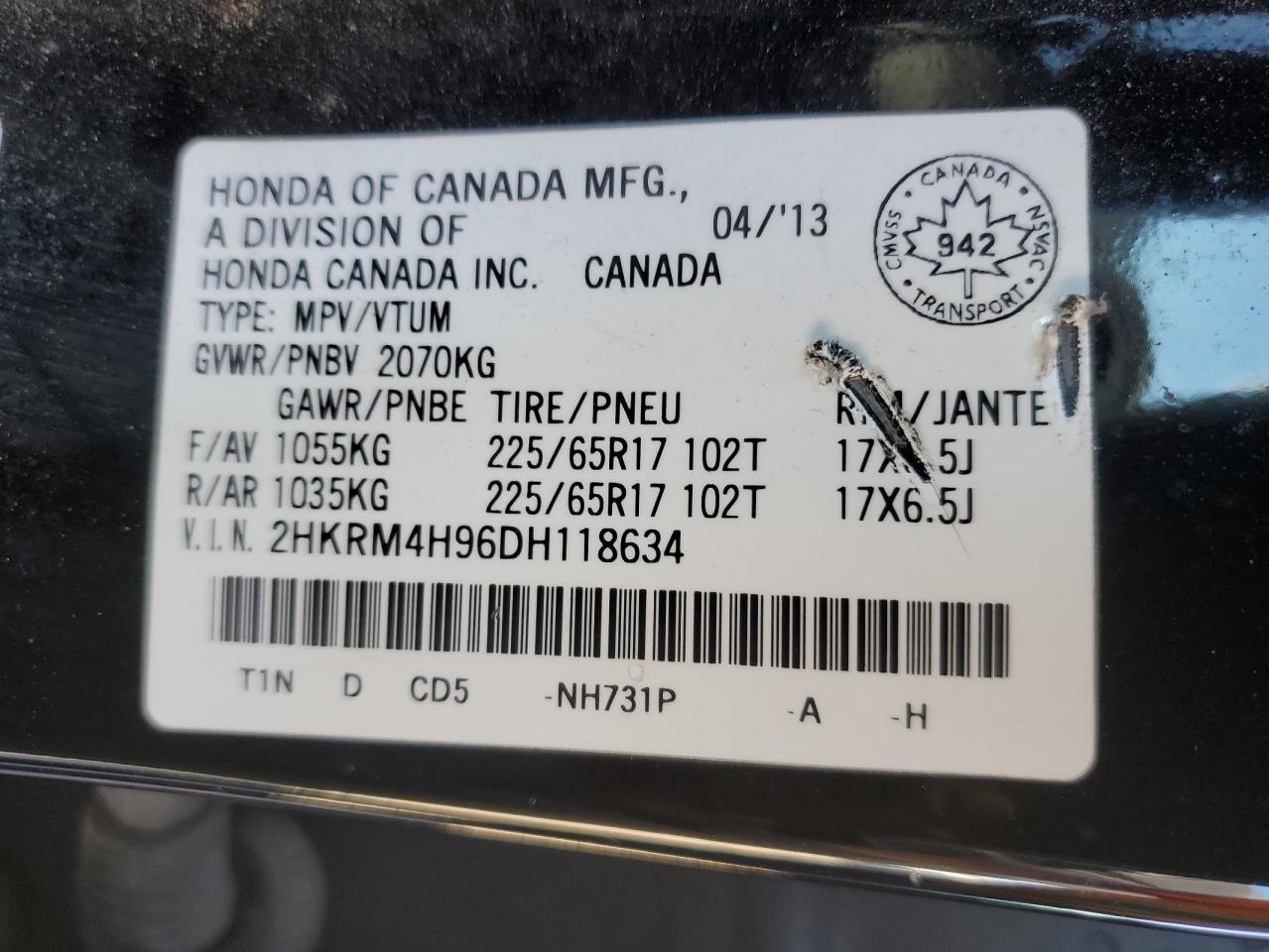 2013 Honda Cr-V Touring VIN: 2HKRM4H96DH118634 Lot: 85147335