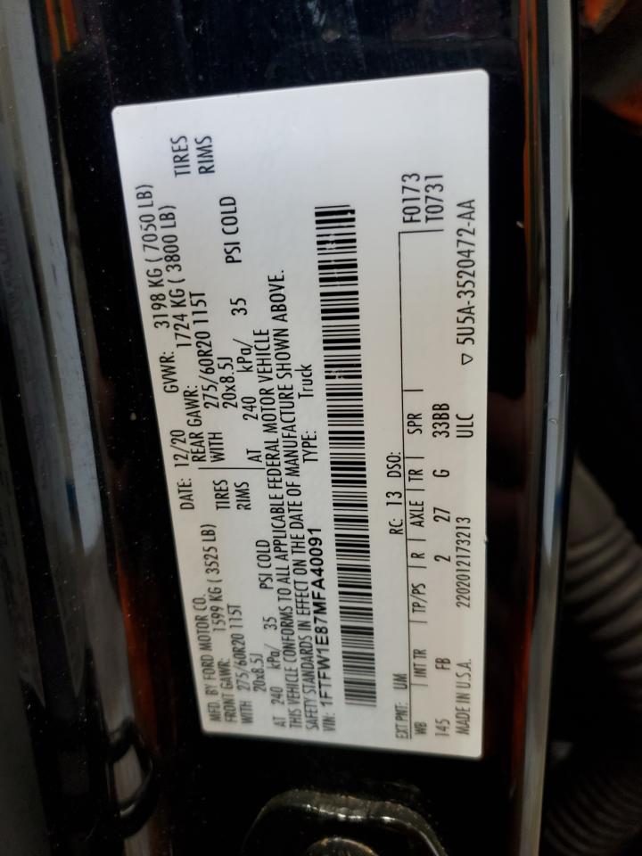 2021 Ford F150 Supercrew VIN: 1FTFW1E87MFA40091 Lot: 86810095