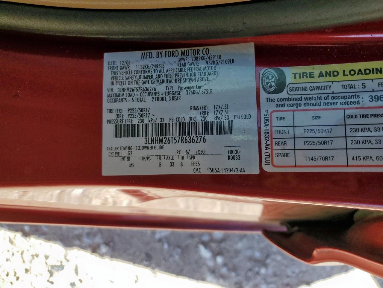 2007 Lincoln Mkz VIN: 3LNHM26T57R636276 Lot: 90633275