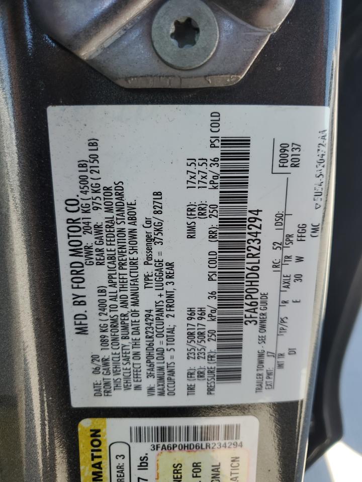 2020 Ford Fusion Se VIN: 3FA6P0HD6LR234294 Lot: 86869745