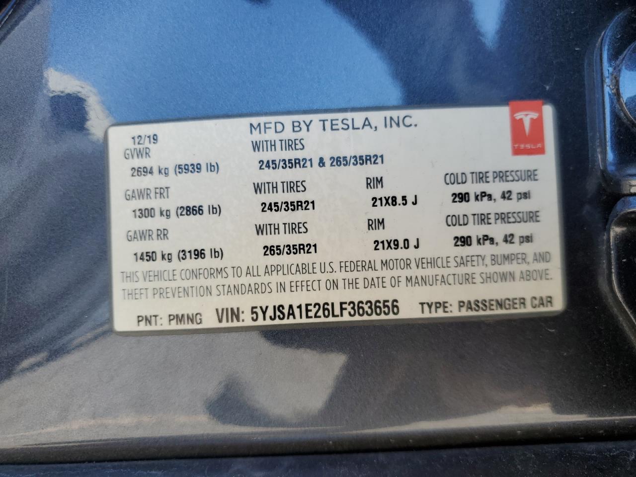 2020 Tesla Model S VIN: 5YJSA1E26LF363656 Lot: 87000965