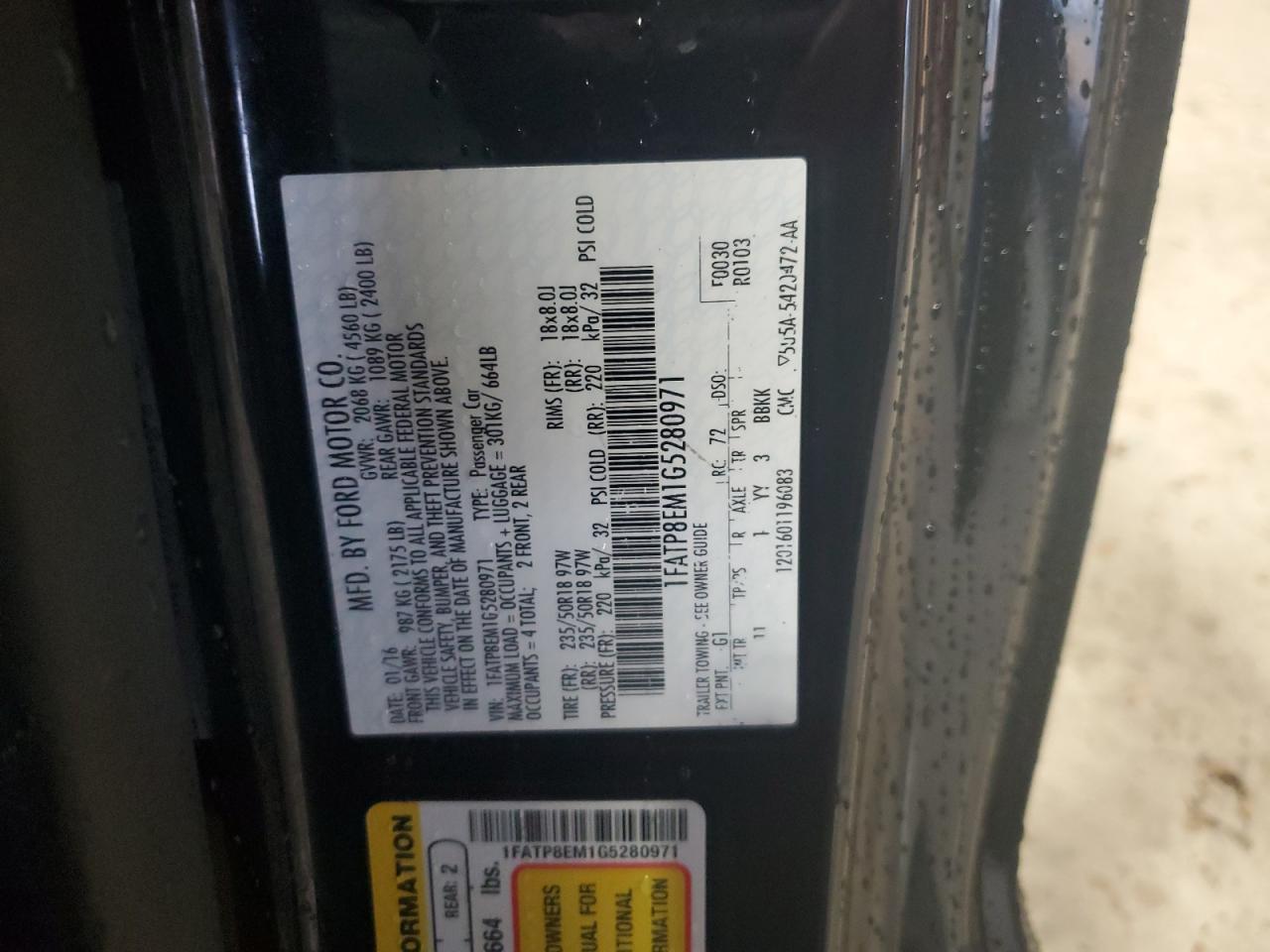 2016 Ford Mustang VIN: 1FATP8EM1G5280971 Lot: 90578035