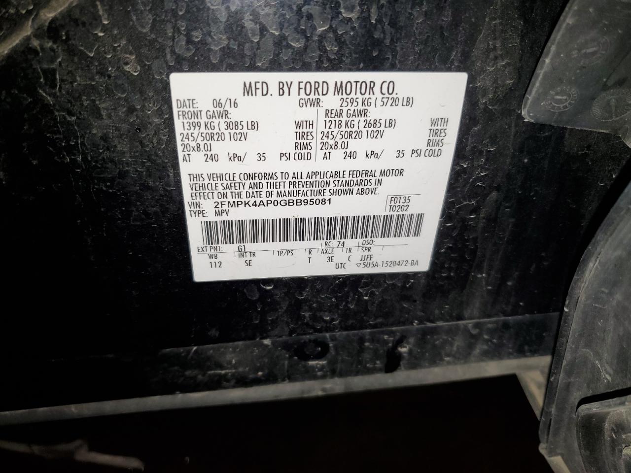 2016 Ford Edge Sport VIN: 2FMPK4AP0GBB95081 Lot: 82757945