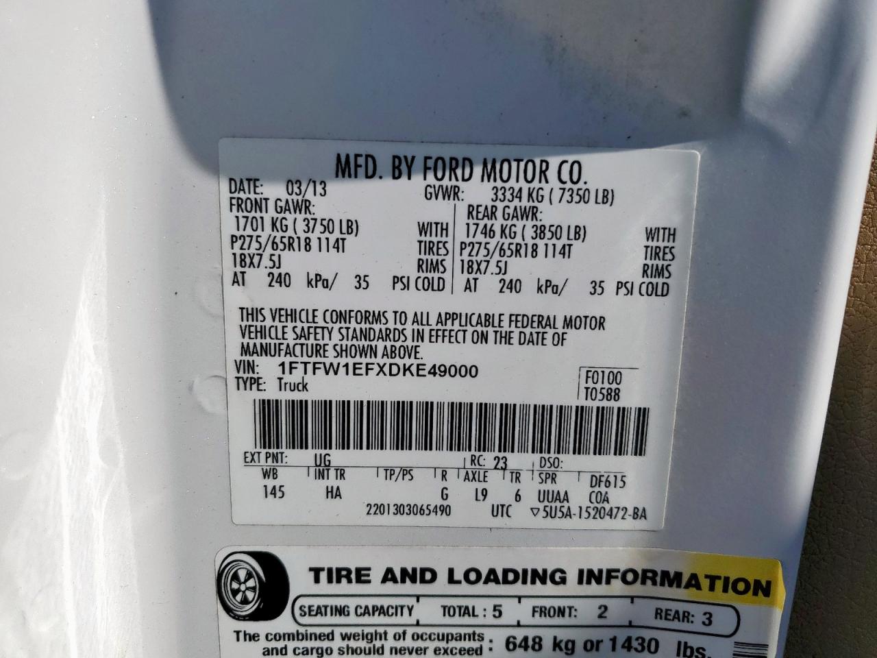 2013 Ford F150 Supercrew VIN: 1FTFW1EFXDKE49000 Lot: 85854145