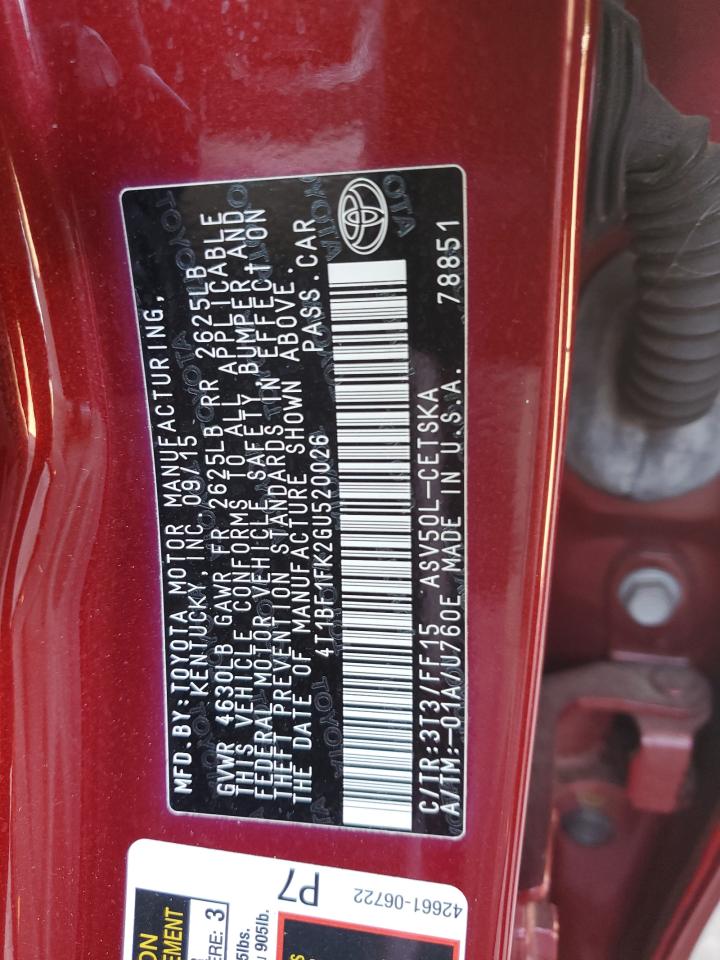 2016 Toyota Camry Le VIN: 4T1BF1FK2GU520026 Lot: 82393645