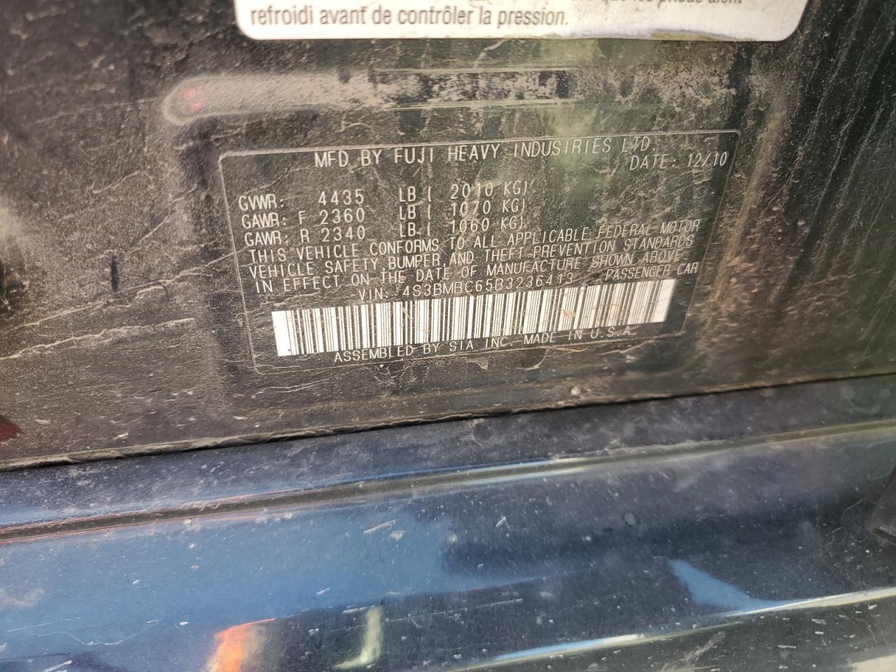 2011 Subaru Legacy 2.5I Premium VIN: 4S3BMBC65B3236413 Lot: 84874465