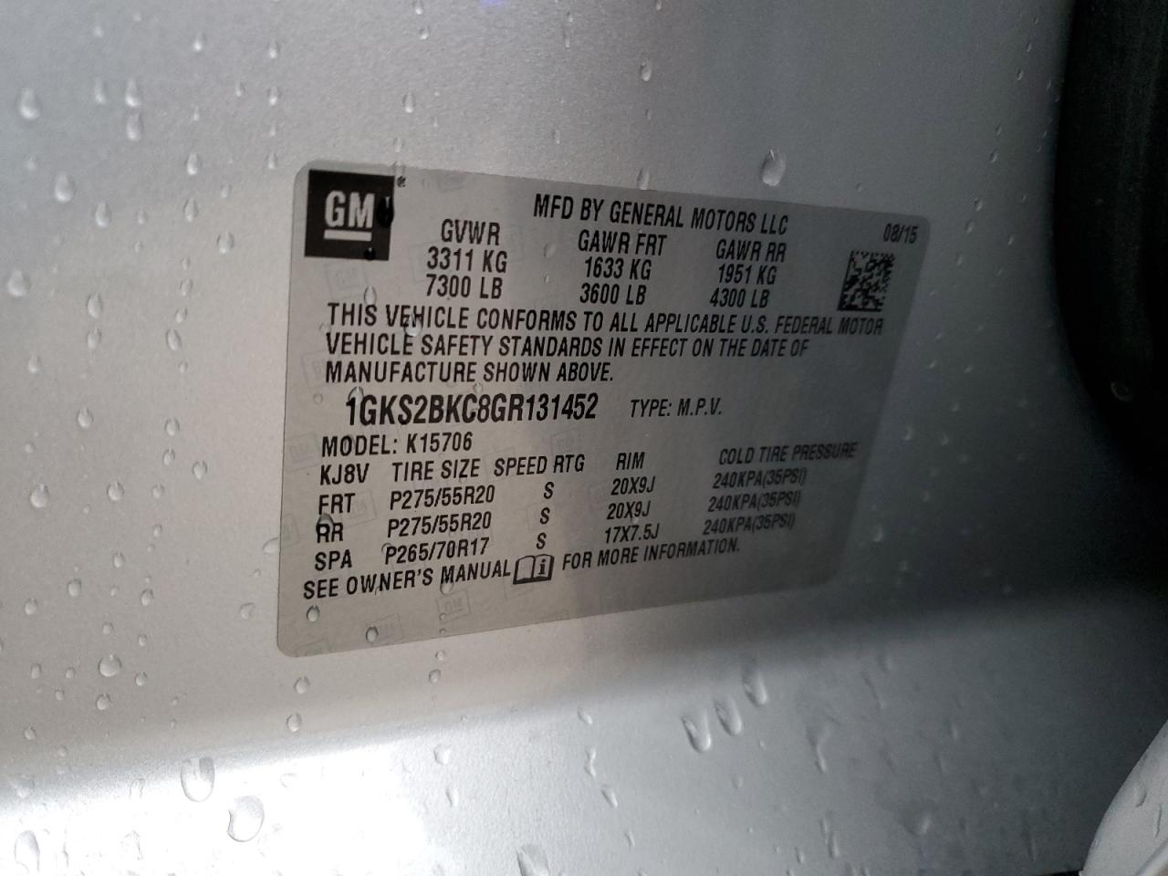 2016 GMC Yukon Slt VIN: 1GKS2BKC8GR131452 Lot: 89629175