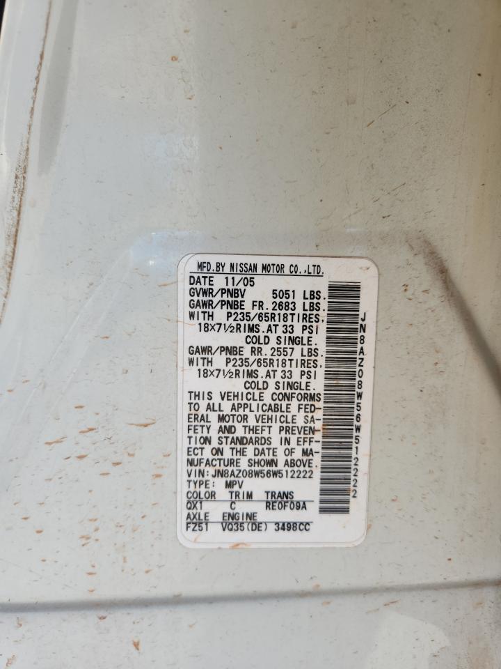 2006 Nissan Murano Sl VIN: JN8AZ08W56W512222 Lot: 87227625