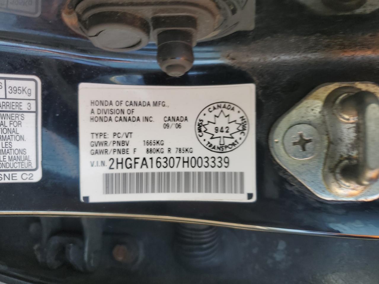 2007 Honda Civic Dx VIN: 2HGFA16307H003339 Lot: 84589495