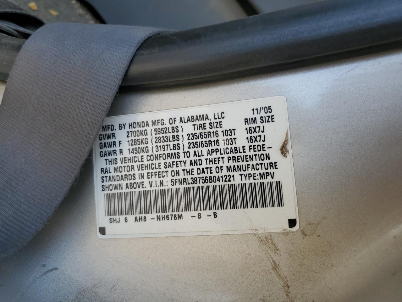 2006 Honda Odyssey Exl VIN: 5FNRL38756B041221 Lot: 82007585