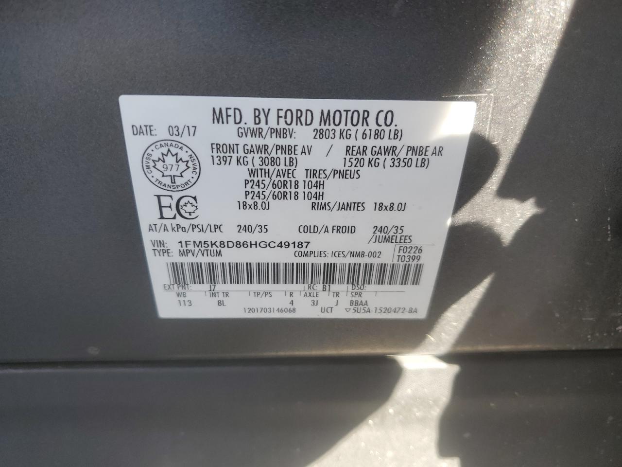 2017 Ford Explorer Xlt VIN: 1FM5K8D86HGC49187 Lot: 82310635