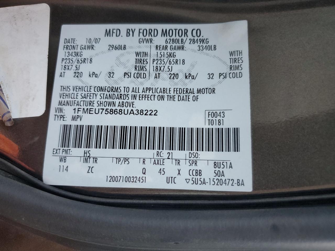 2008 Ford Explorer Limited VIN: 1FMEU75868UA38222 Lot: 82313065