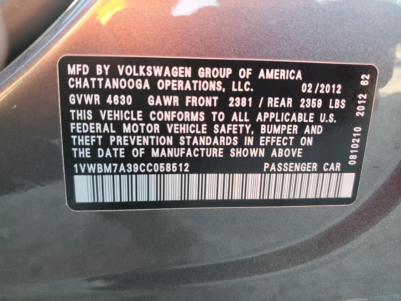2012 Volkswagen Passat Se VIN: 1VWBM7A39CC058512 Lot: 86709585