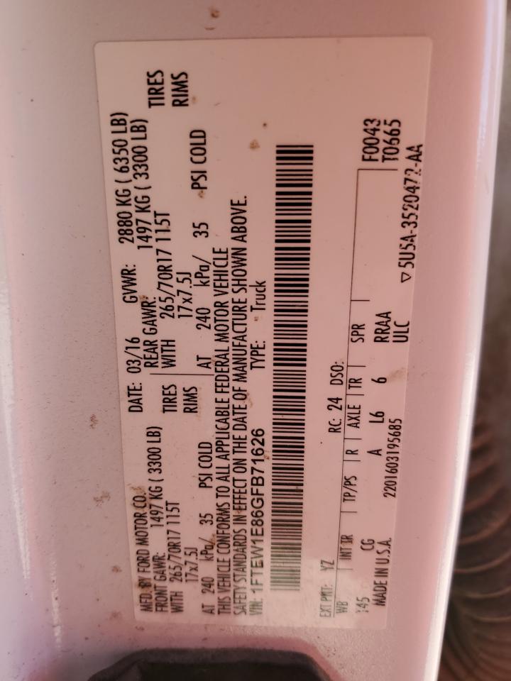 2016 Ford F150 Supercrew VIN: 1FTEW1E86GFB71626 Lot: 90861785