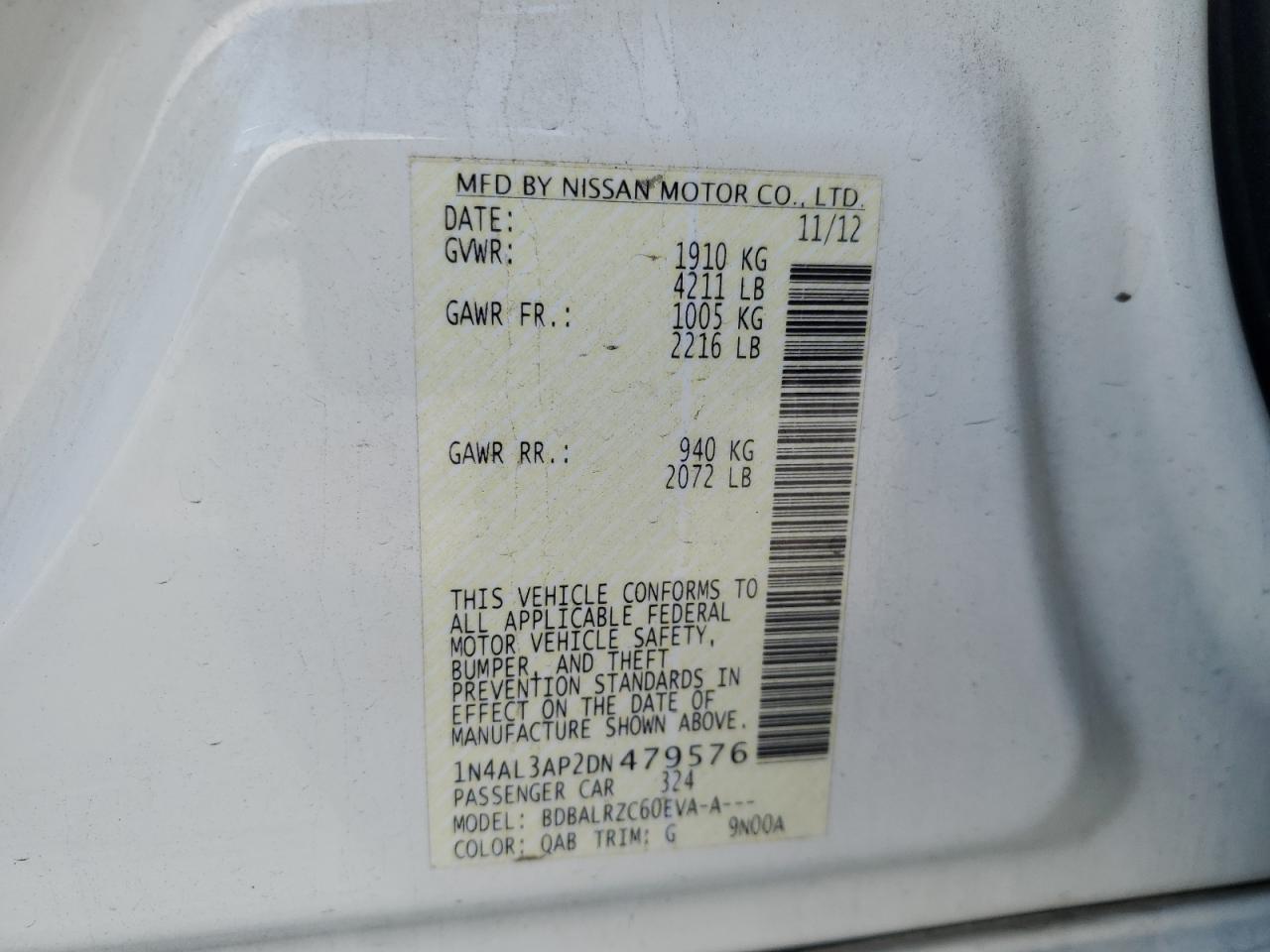 2013 Nissan Altima 2.5 VIN: 1N4AL3AP2DN479576 Lot: 85464045