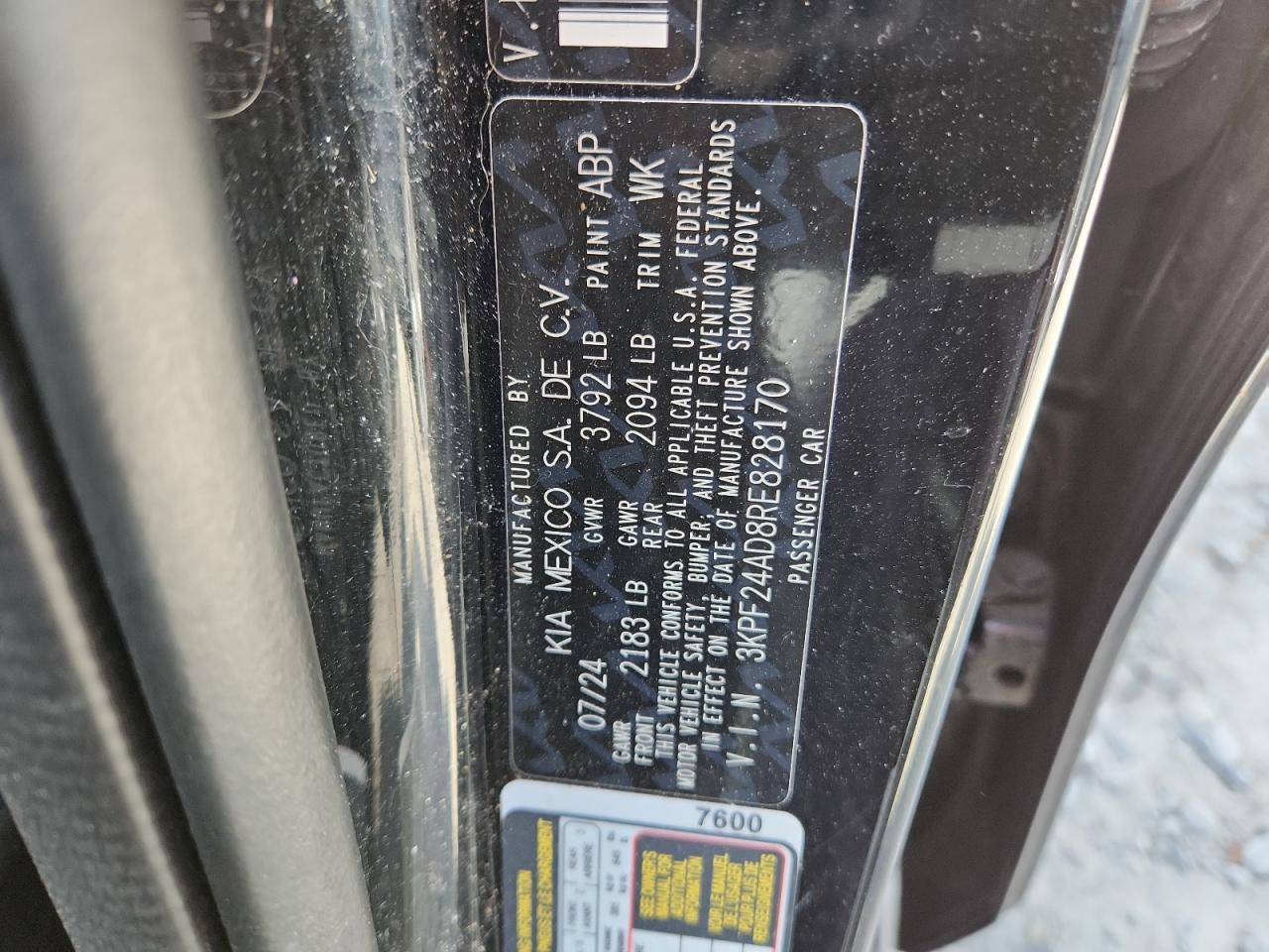 2024 Kia Forte Lx VIN: 3KPF24AD8RE828170 Lot: 85155235