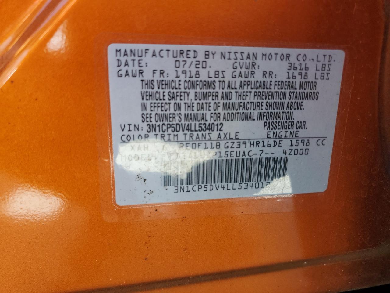 2020 Nissan Kicks Sr VIN: 3N1CP5DV4LL534012 Lot: 85837125