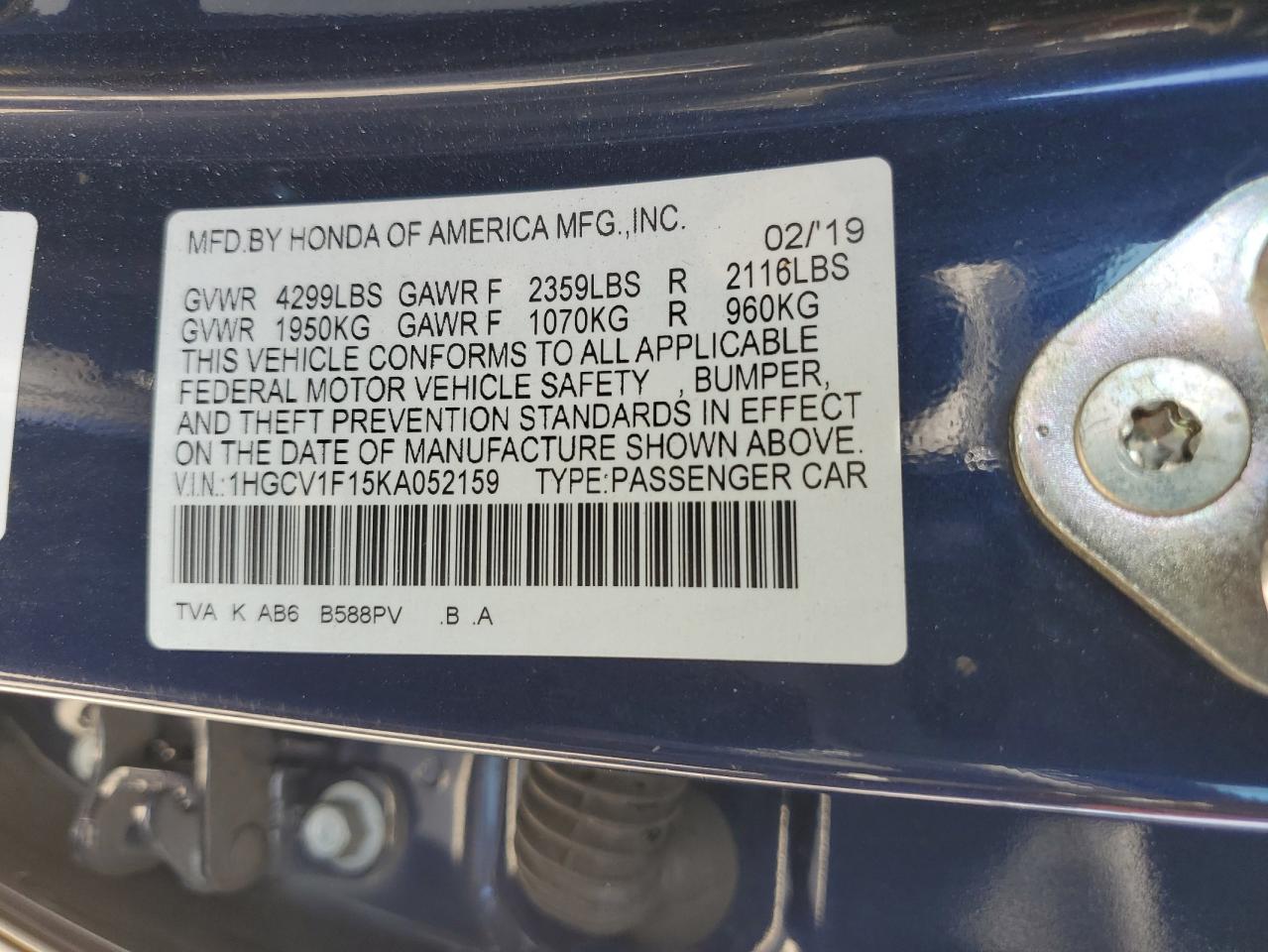 2019 Honda Accord Lx VIN: 1HGCV1F15KA052159 Lot: 86165325