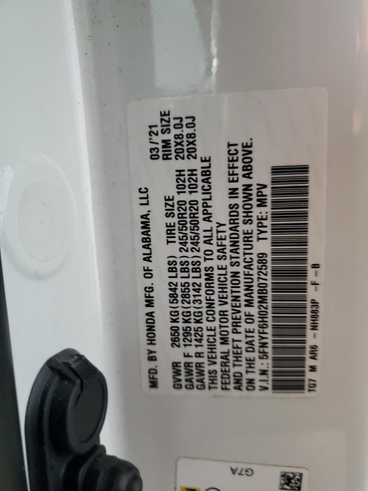 2021 Honda Pilot Elite VIN: 5FNYF6H02MB072589 Lot: 89457265