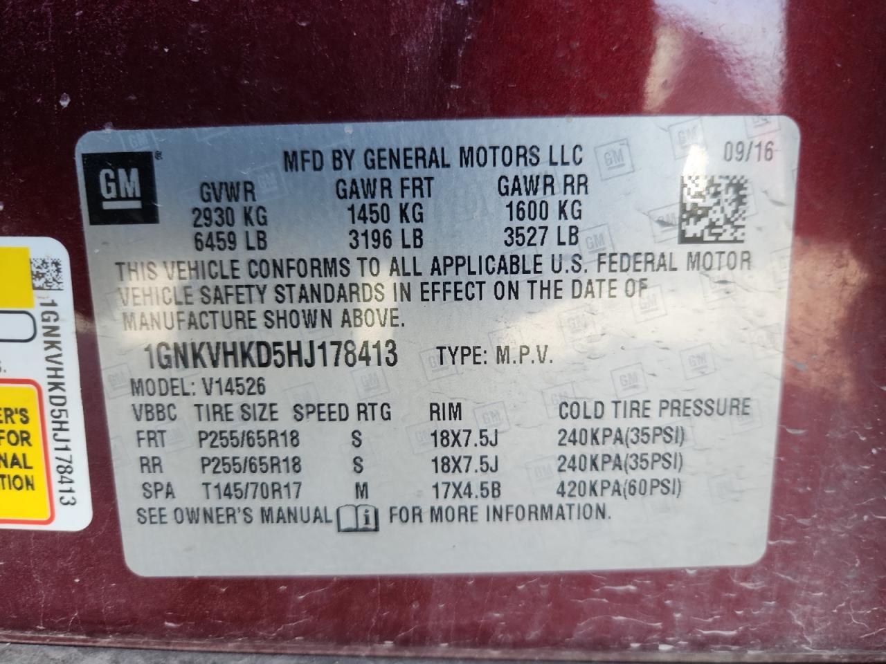 2017 Chevrolet Traverse Lt VIN: 1GNKVHKD5HJ178413 Lot: 81991095