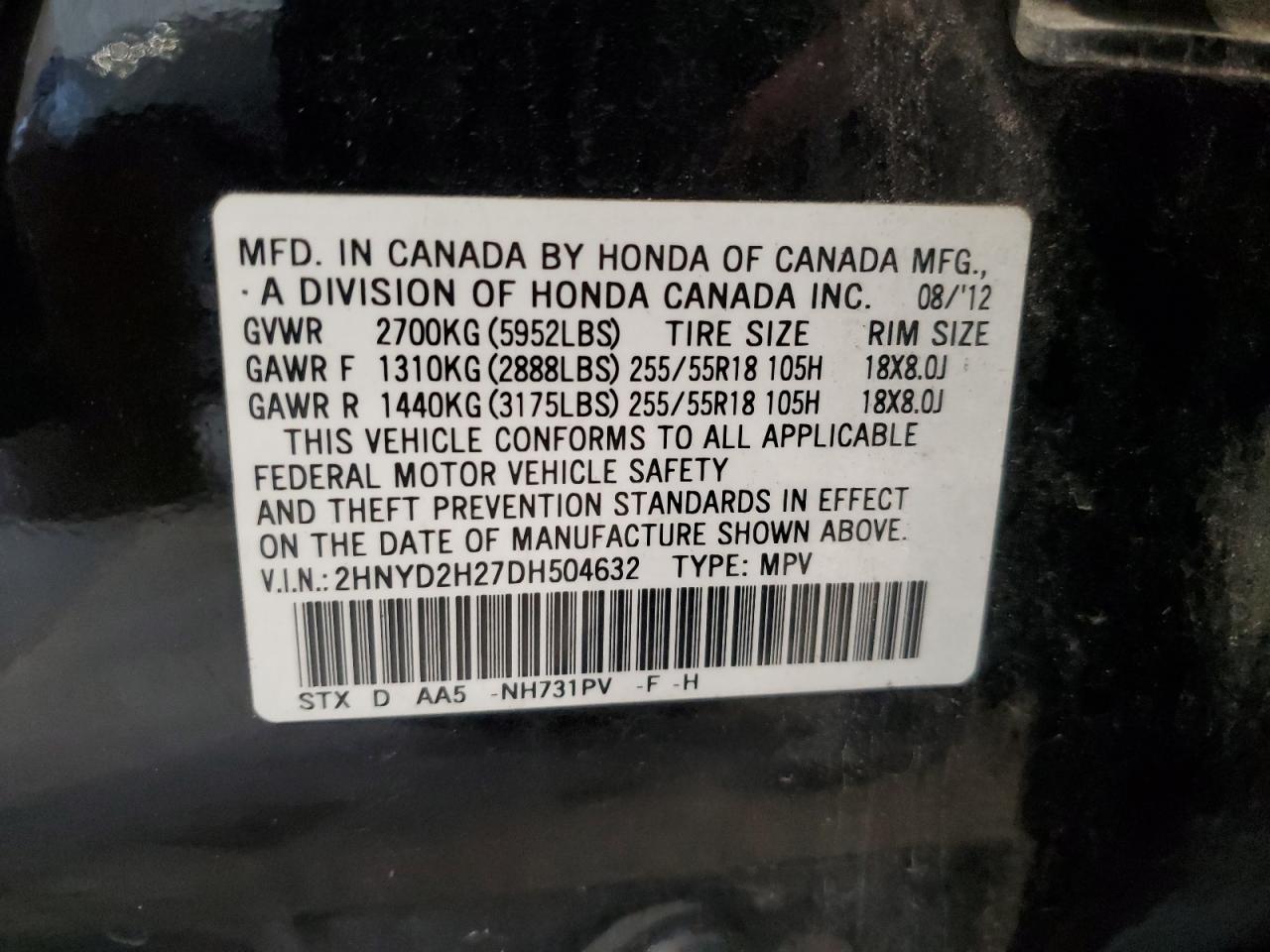 2013 Acura Mdx VIN: 2HNYD2H27DH504632 Lot: 82409015