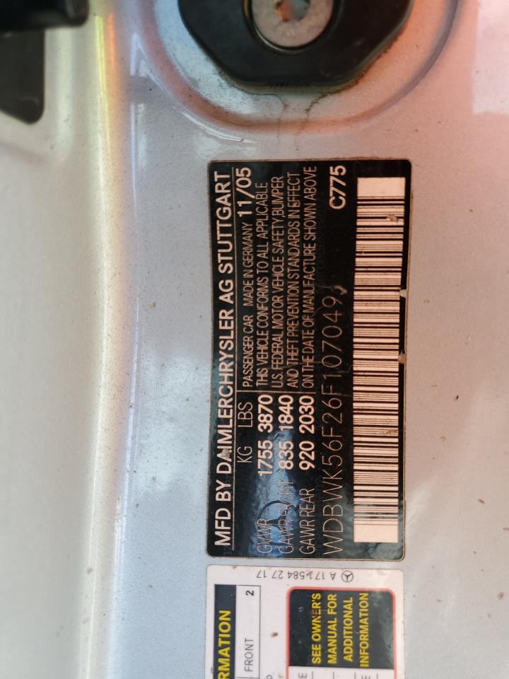 2006 Mercedes-Benz Slk 350 VIN: WDBWK56F26F107049 Lot: 84935505