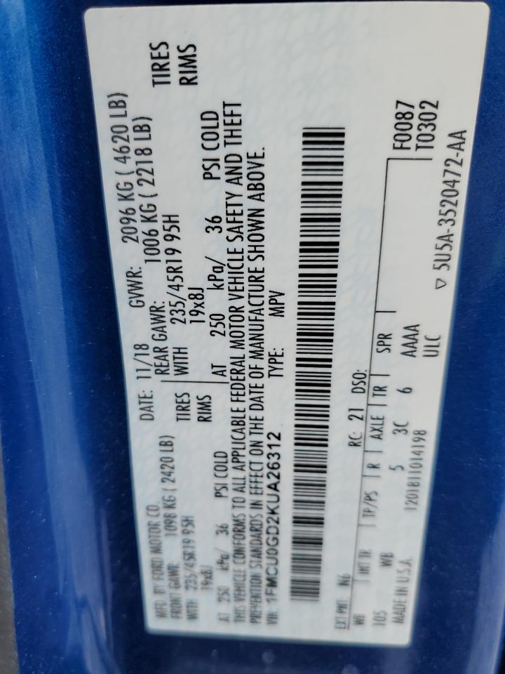 2019 Ford Escape Se VIN: 1FMCU0GD2KUA26312 Lot: 85276205