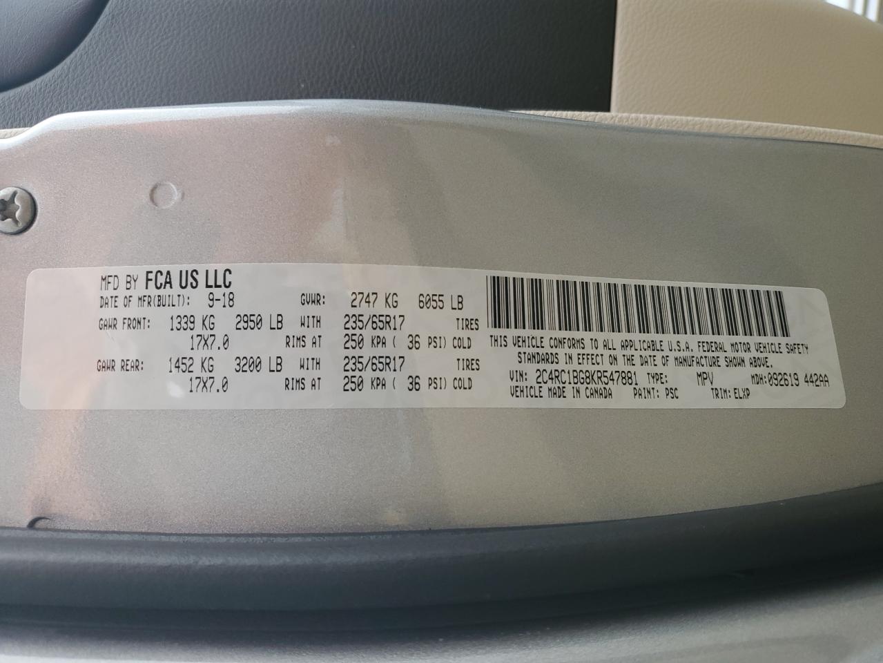 2019 Chrysler Pacifica Touring L VIN: 2C4RC1BG8KR547881 Lot: 90066545