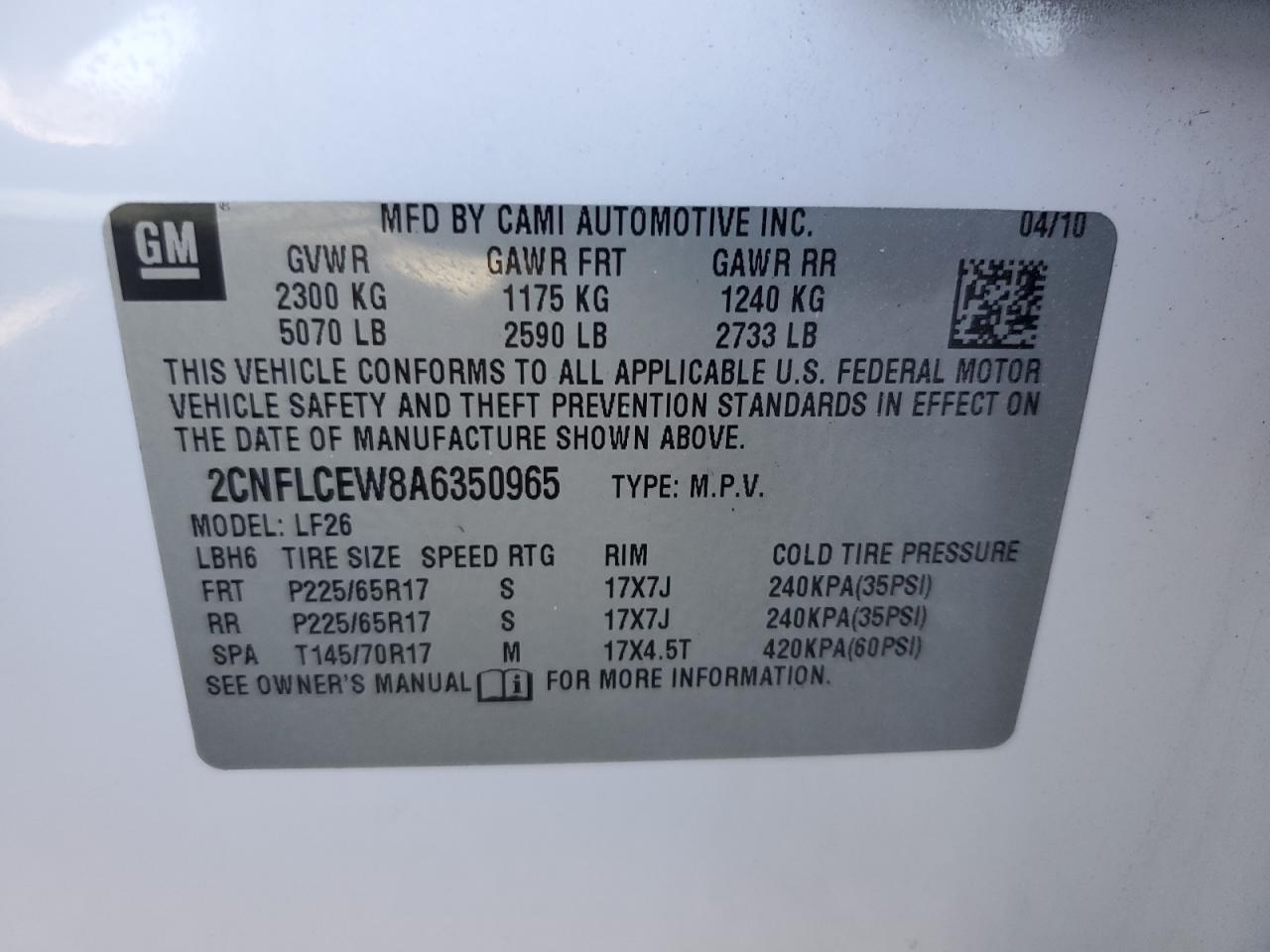 2010 Chevrolet Equinox Ls VIN: 2CNFLCEW8A6350965 Lot: 82145585