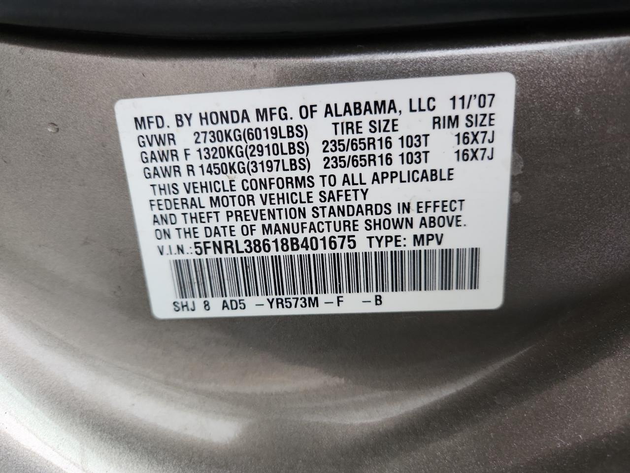 2008 Honda Odyssey Exl VIN: 5FNRL38618B401675 Lot: 85000725