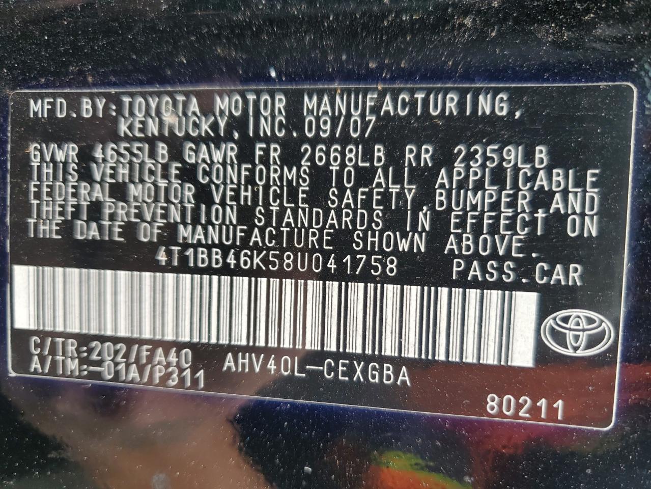 2008 Toyota Camry Hybrid VIN: 4T1BB46K58U041758 Lot: 82373865