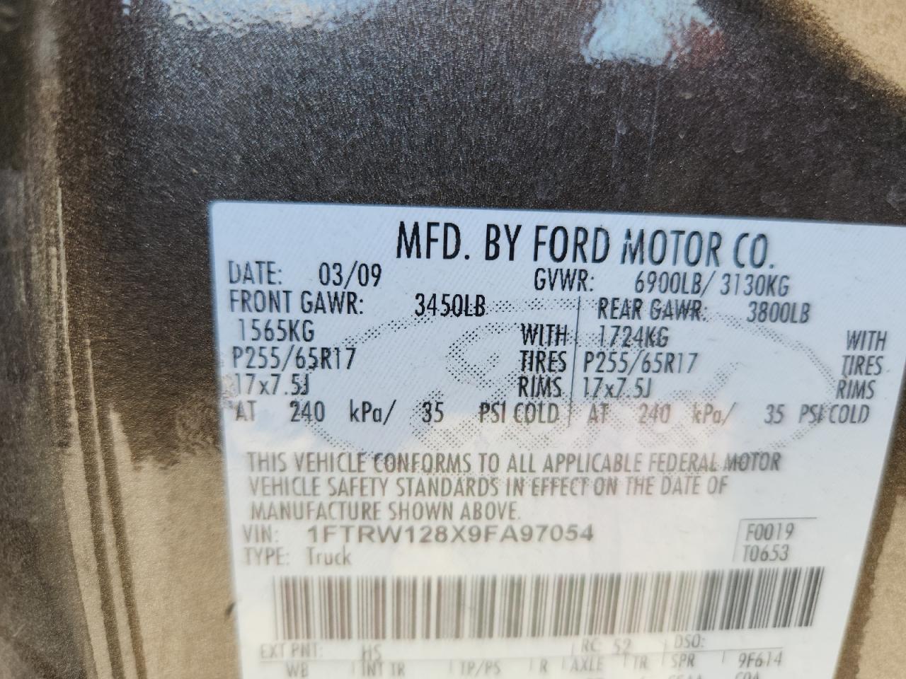 2009 Ford F150 Supercrew VIN: 1FTRW128X9FA97054 Lot: 82204015