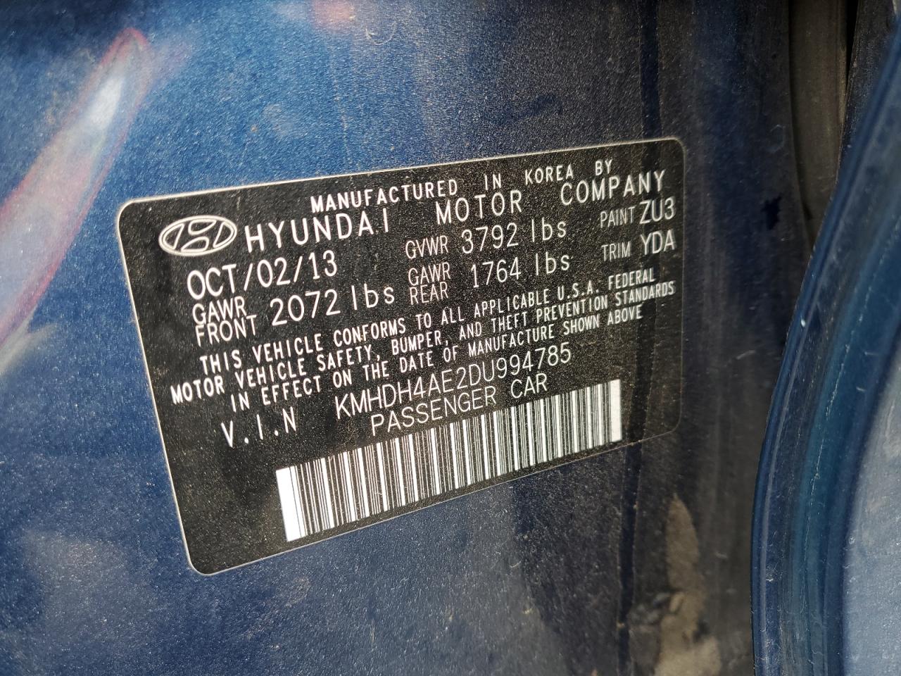 2013 Hyundai Elantra Gls VIN: KMHDH4AE2DU994785 Lot: 81978185