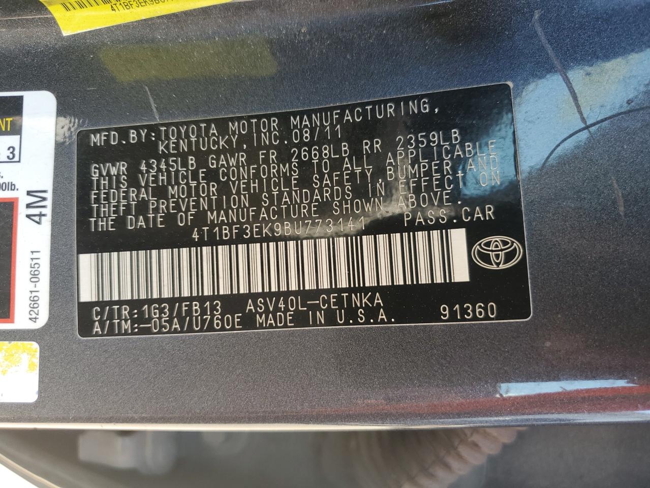 2011 Toyota Camry Base VIN: 4T1BF3EK9BU773141 Lot: 84176595