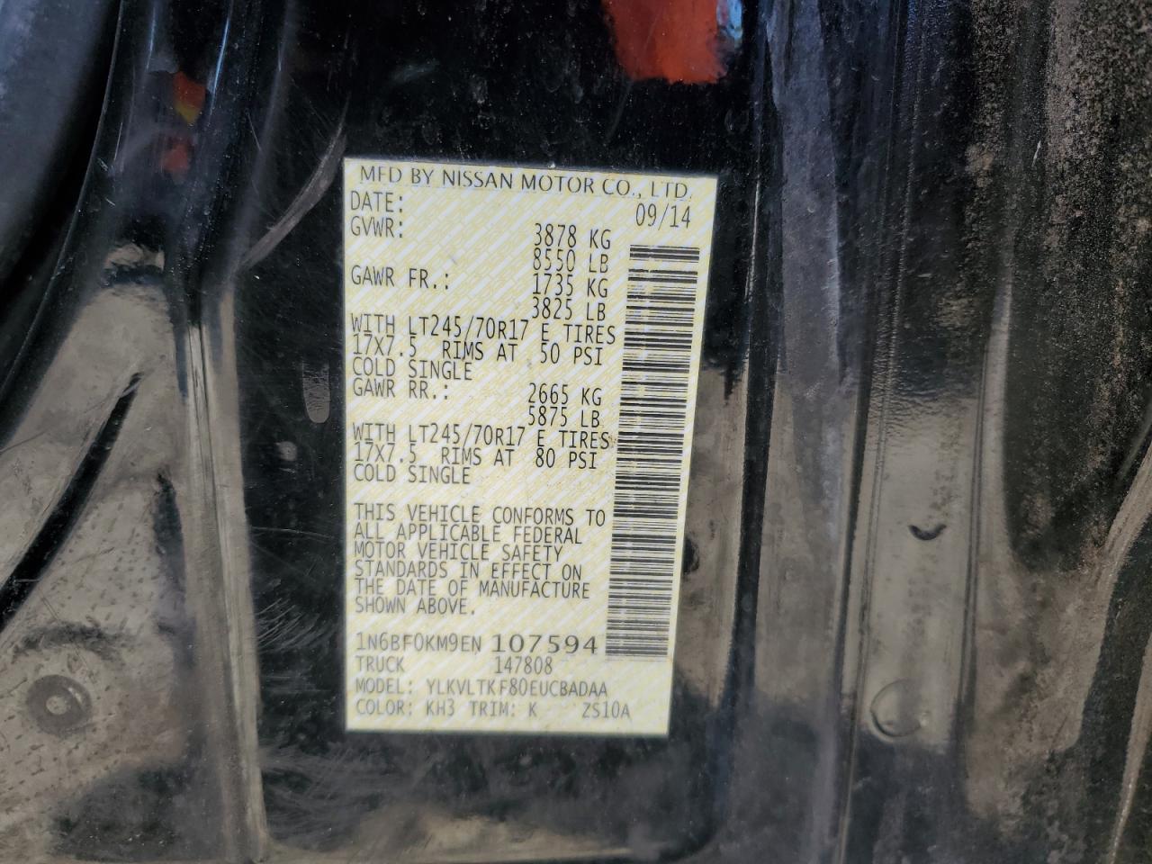 2014 Nissan Nv 1500 VIN: 1N6BF0KM9EN107594 Lot: 86148775