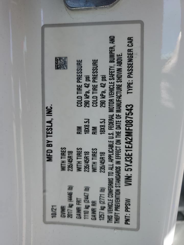 2021 Tesla Model 3 VIN: 5YJ3E1EA2MF087543 Lot: 84919165