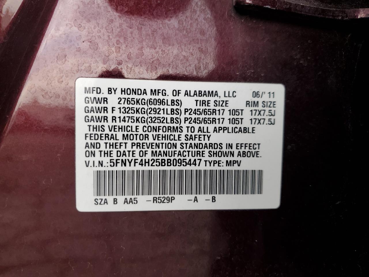 2011 Honda Pilot Lx VIN: 5FNYF4H25BB095447 Lot: 82386035