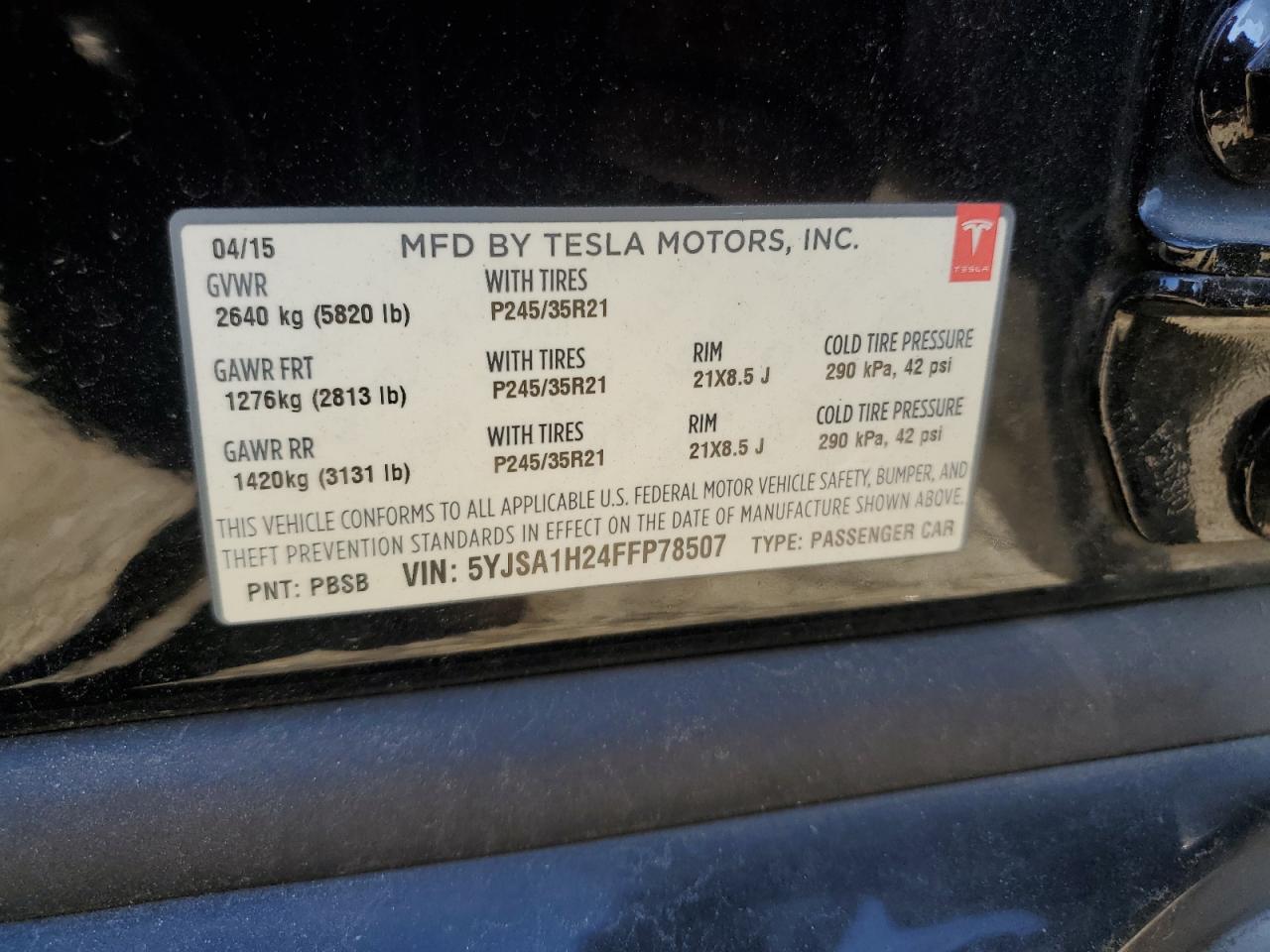 2015 Tesla Model S 85D VIN: 5YJSA1H24FFP78507 Lot: 84801945