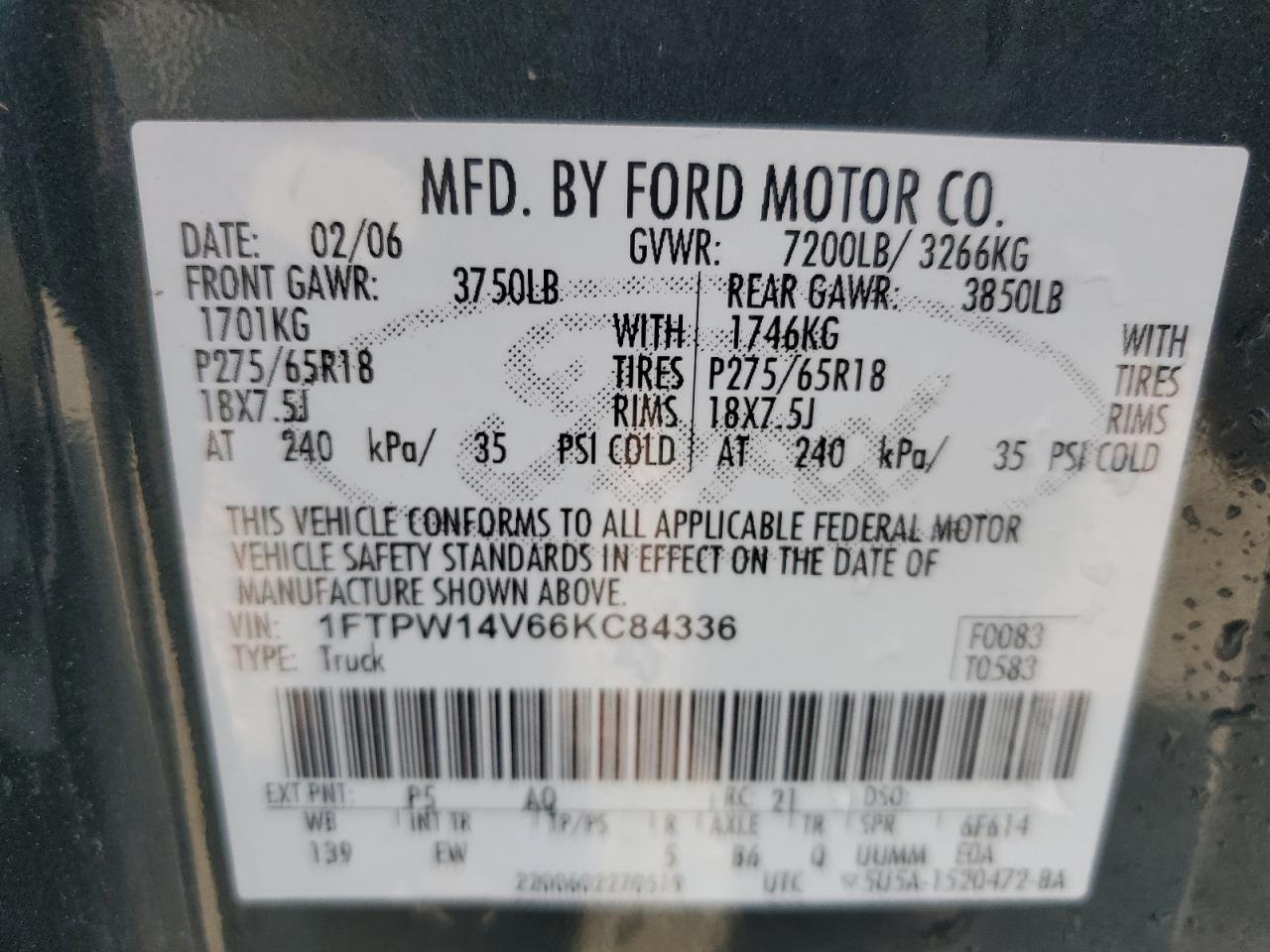 2006 Ford F150 Supercrew VIN: 1FTPW14V66KC84336 Lot: 84597195