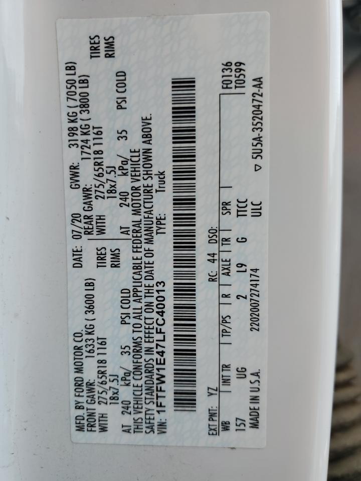 2020 Ford F150 Supercrew VIN: 1FTFW1E47LFC40013 Lot: 87003535