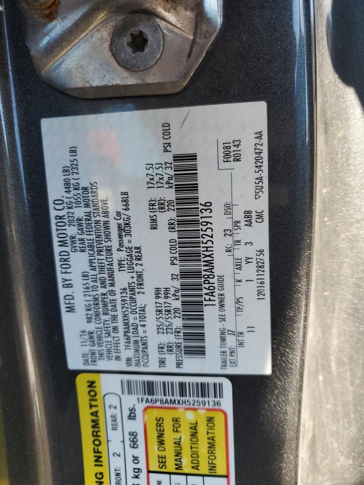 2017 Ford Mustang VIN: 1FA6P8AMXH5259136 Lot: 85298495