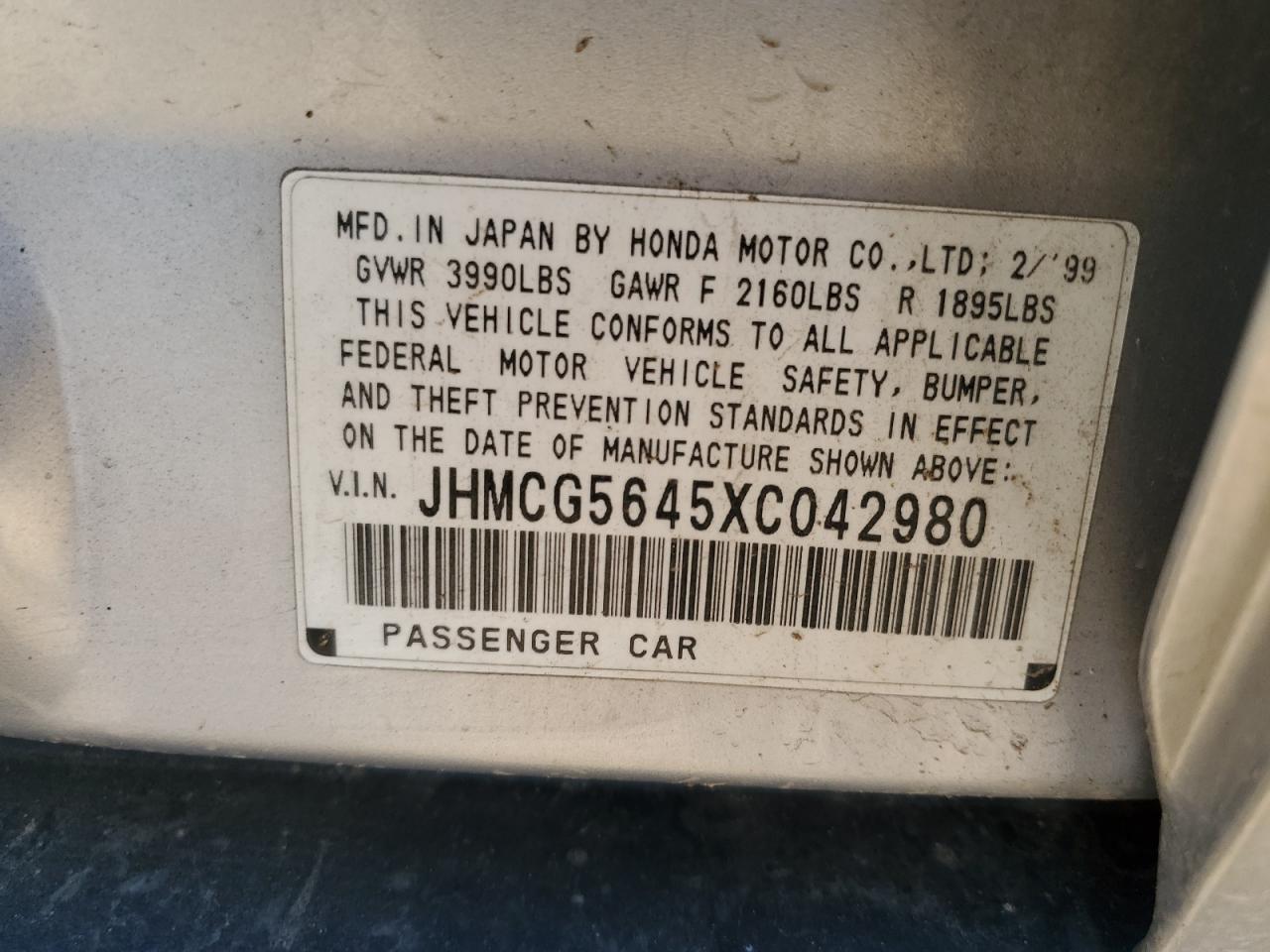 1999 Honda Accord Lx VIN: JHMCG5645XC042980 Lot: 81798785