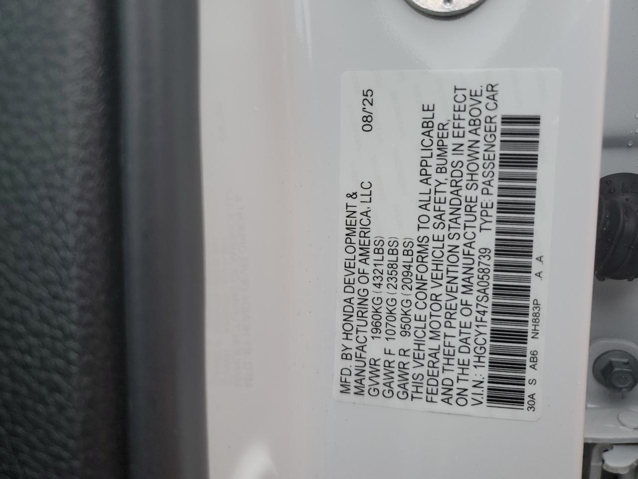 2025 Honda Accord Se VIN: 1HGCY1F47SA058739 Lot: 86250395